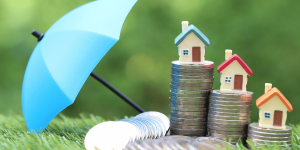 An umbrella covering homes and money to signify the importance of insuring your home